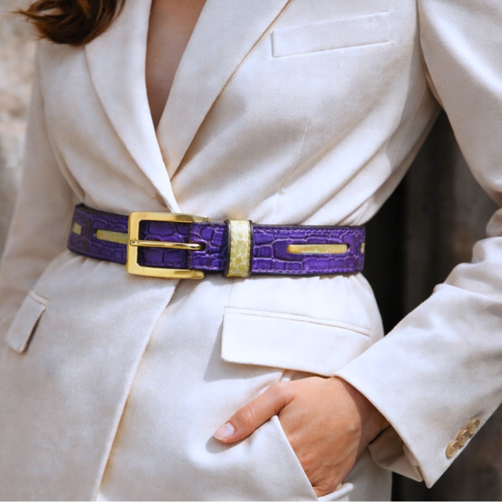 Etro Croc Embossed Leather Belt Purple Gold Buckle Made In Italy